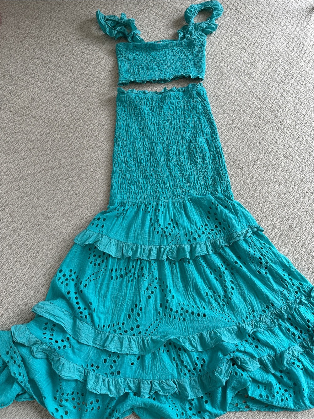 Teal Ruffle Strap Crop Top & Mermaid Skirt